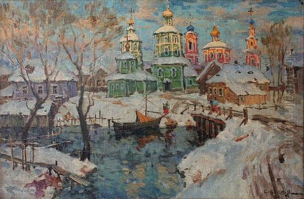 The Bridge In Front Of The Church Oil Painting by Konstantin Ivanovich Gorbatov
