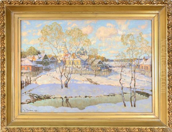 Russian Village With Onion Domes In The Distance Oil Painting by Konstantin Ivanovich Gorbatov