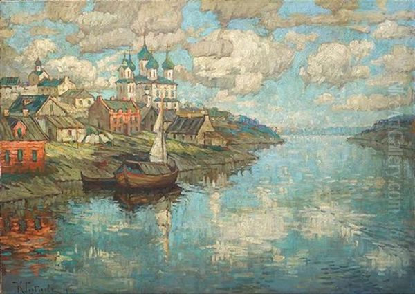 Russisches Dorf Am Fluss (kostroma?) Oil Painting by Konstantin Ivanovich Gorbatov