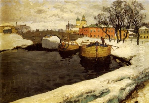 Les Peniches Sur Le Fleuve En Hiver Oil Painting by Konstantin Ivanovich Gorbatov