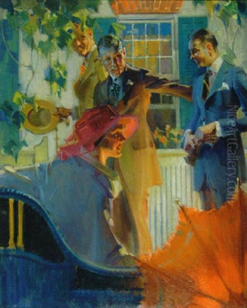 Three Men Greeting Woman With Parasol Oil Painting by Leon Gordon