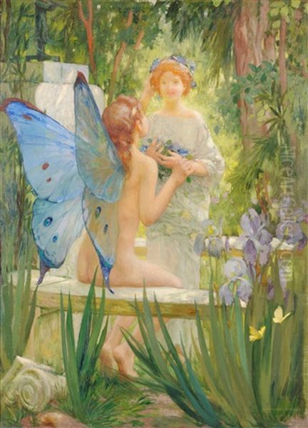 Young Girl In A Sunlit Garden Being Crowned With Flowers By A Fairy Seated Upon A Marble Bench Oil Painting by Auguste Francois Gorguet