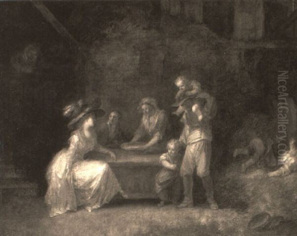 An Elegant Lady Visiting The Family Of Her Wet Nurse In An Interior Oil Painting by Henri Nicolas Van Gorp