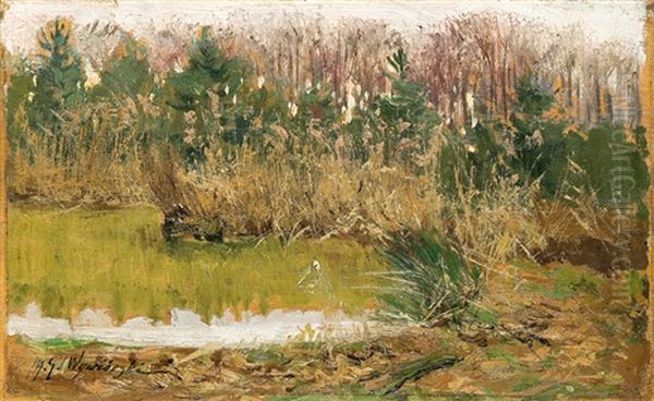 Pond In Woods Oil Painting by Michael Gorstkin-Wywiorski