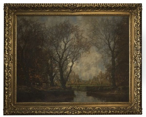 Autumnal Wooded Scene With Figure And Cows Oil Painting by Arnold Marc Gorter