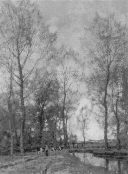 River Landscape With Cattle And Woman Herding Oil Painting by Arnold Marc Gorter