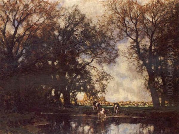 River Landscape With Cattle Watering Oil Painting by Arnold Marc Gorter