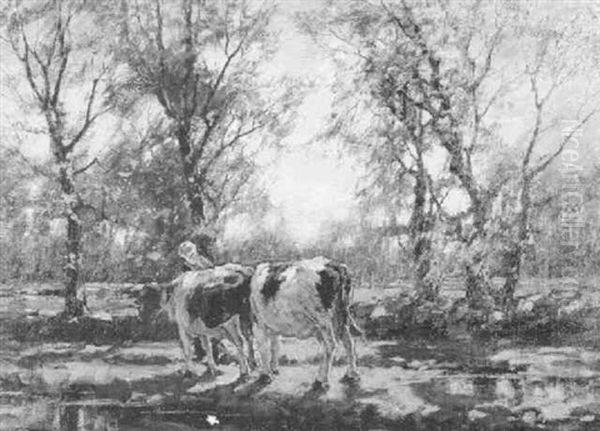 Milkmaid Leading Cows Through Treed Path Oil Painting by Arnold Marc Gorter