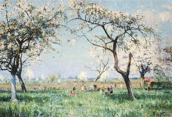 Children Playing In An Orchard Oil Painting by Pieter Gorus