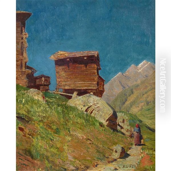 Mazots Dans La Vallee De Zermatt Oil Painting by Albert H. Gos