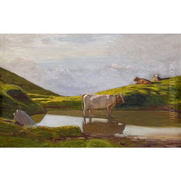 Bergsee Mit Kuhen Oil Painting by Albert H. Gos