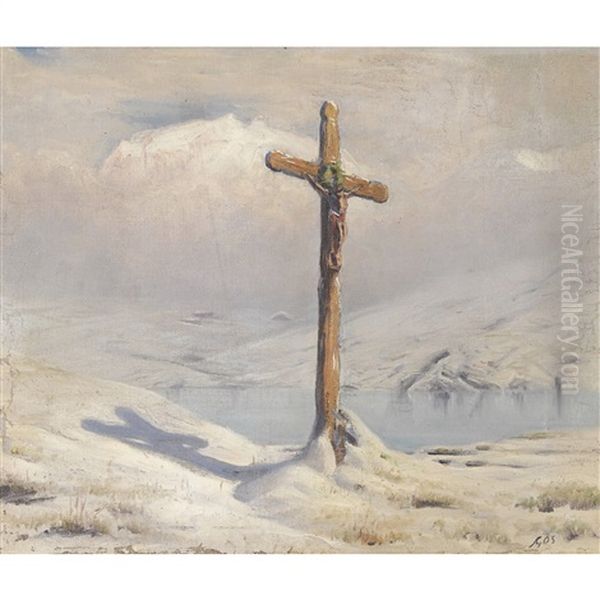 Winterlandschaft Mit Wegkreuz Oil Painting by Albert H. Gos