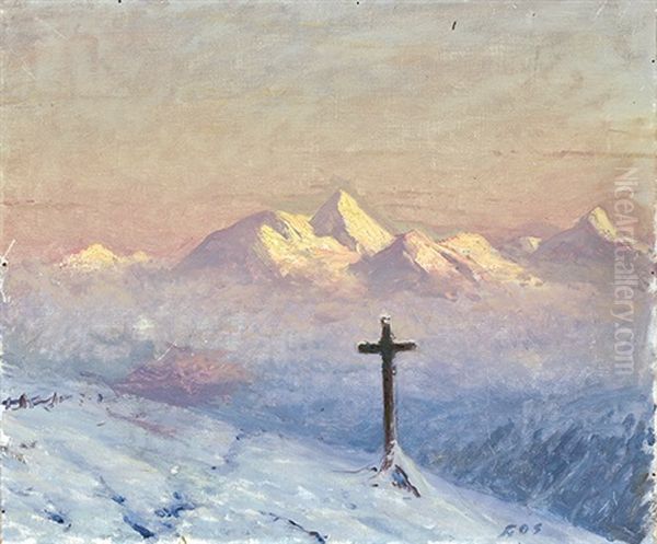 Wegkreuz Vor Hochgebirge In Verschneiter Landschaft Oil Painting by Albert H. Gos