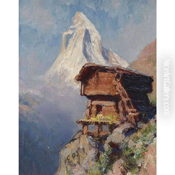 Walliser Stadel Vor Matterhornkulisse Oil Painting by Albert H. Gos