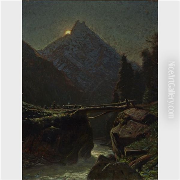 Mountain And Bridge At Night Oil Painting by Albert H. Gos