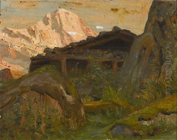 Hutte Mit Bergpanorama Oil Painting by Albert H. Gos