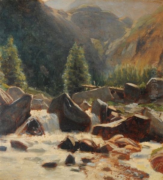 Gebirgslandschaft Mit Wildbach Oil Painting by Albert H. Gos