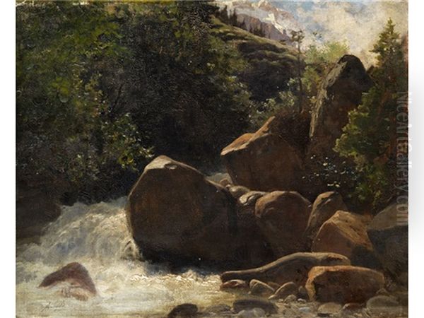 Felsige Berglandschaft Mit Einem Gebirgsbach Zwischen Grosen Felsbrocken Oil Painting by Albert H. Gos