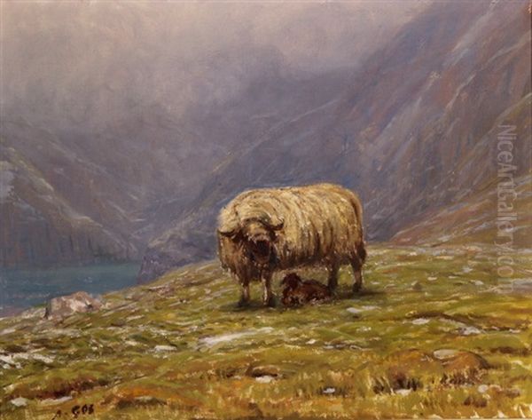 Berglandschaft Mit Schafbock Und Seiner Nachkommenschaft Oil Painting by Albert H. Gos