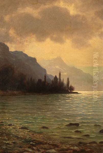 Landschaft Am Ufer Eines Sees Mit Blick Auf Eine Bergkette Oil Painting by Albert H. Gos