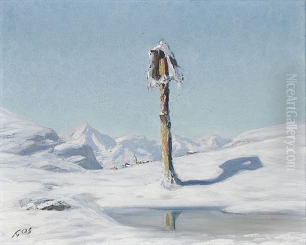 Verschneite Berglandschaft Mit Wegkreuz Oil Painting by Albert H. Gos