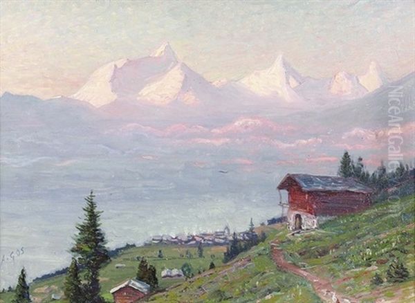 Weisshorn, Rothorn, Gabelhorn De Montana Oil Painting by Albert H. Gos