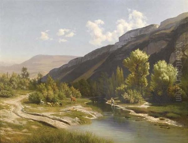 Berger Au Bord D'une Riviere Oil Painting by Albert H. Gos
