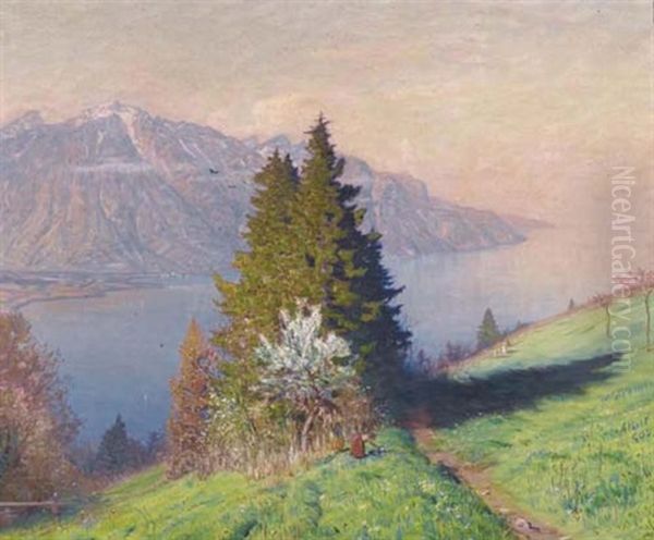 Vue De Geneve Et Saint Gingolphe Oil Painting by Albert H. Gos