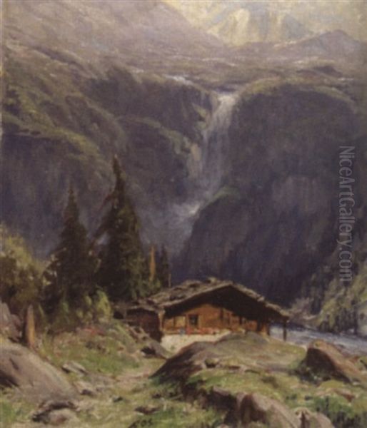 Alphutte In Hochalpiner Landschaft Oil Painting by Albert H. Gos