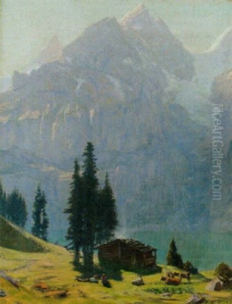 Hirtenpartie In Den Alpen Oberhalb Eines Sees Oil Painting by Albert H. Gos