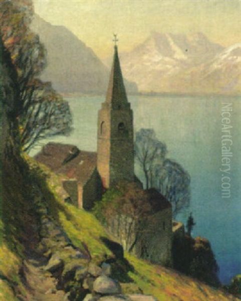 Die Steinkirche Uber Dem See Oil Painting by Albert H. Gos