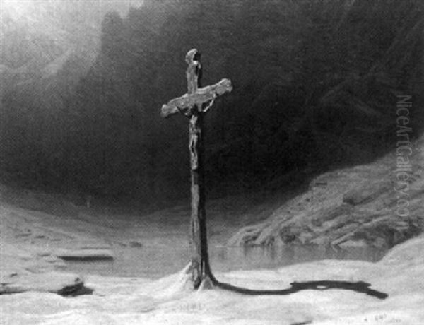 Kruzifix Vor Einem Zugefrorenen See In Den Walliser Alpen Oil Painting by Albert H. Gos