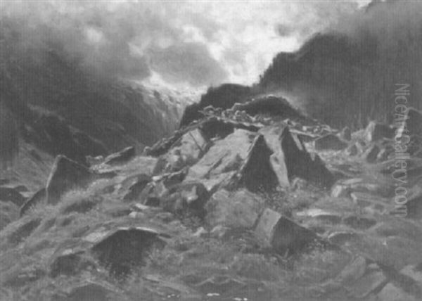 Felsiger Hang Mit Kuhen Vor Aufziehendem Unwetter Oil Painting by Albert H. Gos