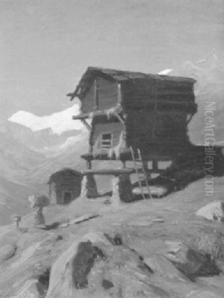 Hochgebirgslandschaft Mit Bergbauern Vor Einer Holzhutte Oil Painting by Albert H. Gos