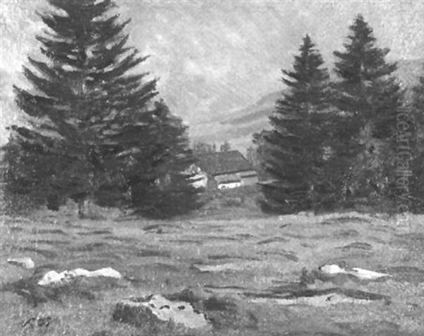 Walliser Landschaft Mit Tannen, Gehoft Und Weidenden Kuhen Oil Painting by Albert H. Gos