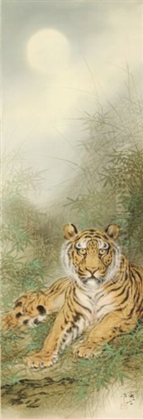 A Tiger In A Bamboo Grove Under A Full Moon Oil Painting by Mio Goseki