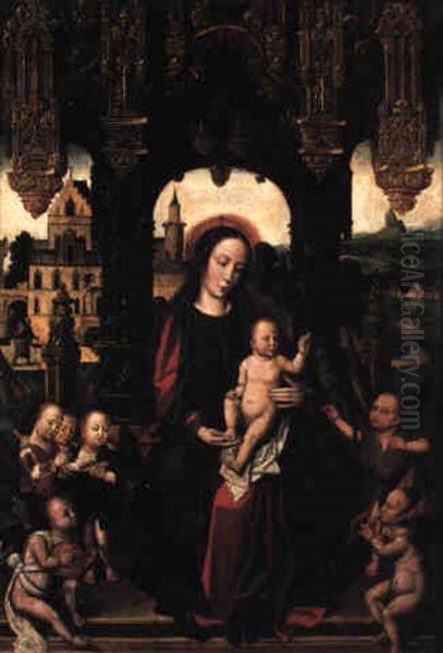 Madonna And Child Enthroned, Angels Nearby Oil Painting by Jan Gossaert