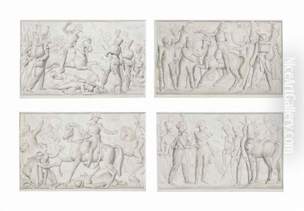 Trompe L'oeil Bas-reliefs: Monks Fleeing Before A Napoleonic Officer; A Napoleonic Officer Talking With His Men; A Napoleonic Officer Being Cheered By His Men; A Napoleonic Officer On The Battlefield (set Of 4) Oil Painting by Nicolas Louis Francois Gosse