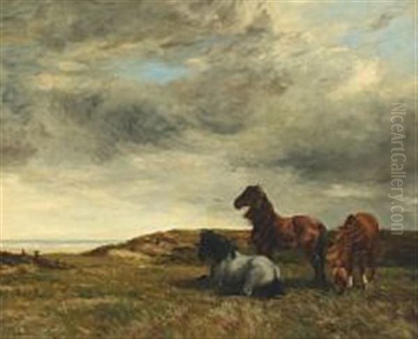 Horses In The Dunes Overlooking The Ocean Oil Painting by Gosselin, Charles