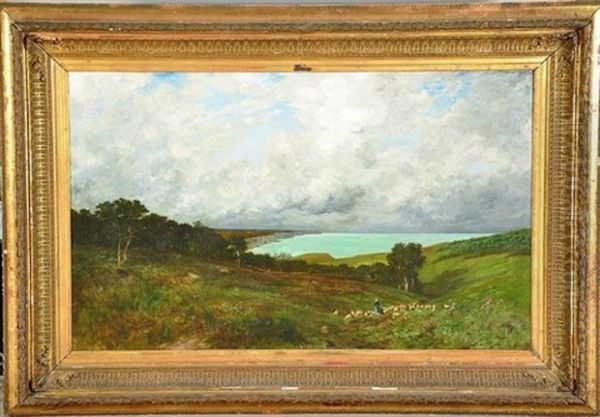 Berger Et Son Troupeau Dans Une Valleuse Surplombant Les Falaises Normandes Oil Painting by Gosselin, Charles