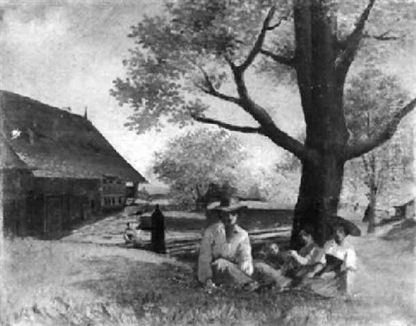 Sitzende Bauernfamilie Im Schatten Eines Baumes Oil Painting by Antoine de Gottrau