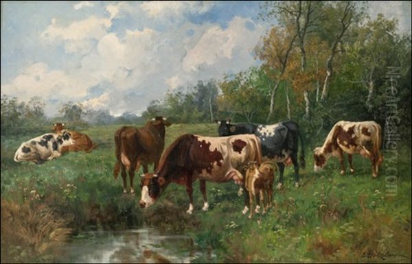 Laiduntavia Lehmia (cows In A Field) Oil Painting by Eduard Goetzelmann