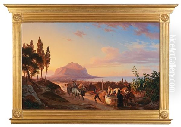 Travellers By A Well, In The Background Monte Pellegrini, Palermo Oil Painting by Carl (Karl) Wilhelm Goetzloff