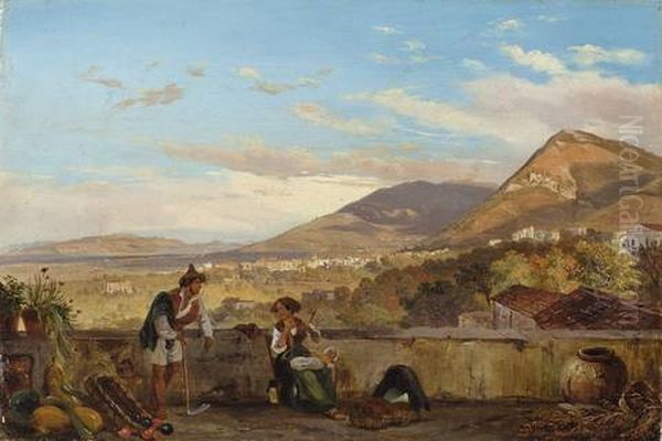 Paar Mit Kind Vor Italienischer Landschaft Oil Painting by Carl (Karl) Wilhelm Goetzloff