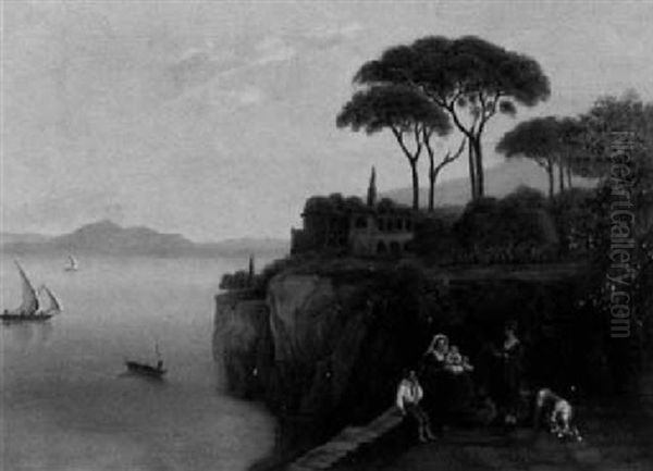 Antike Ruinen Am Gold Von Sorrent, Im Hintergrund Der Vesuv Oil Painting by Carl (Karl) Wilhelm Goetzloff