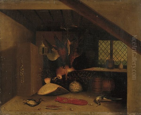 Interior Still Life With Pheasants, Snipe, Hare, Flounder And Crayfish Oil Painting by William Buelow Gould