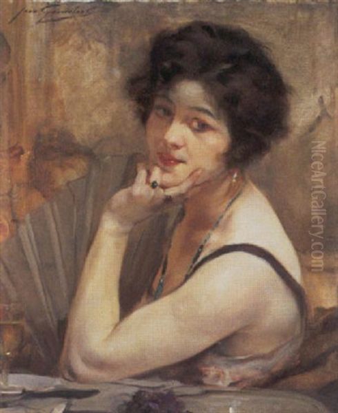 Femme A L'eventail Oil Painting by Jean Leon Henri Gouweloos