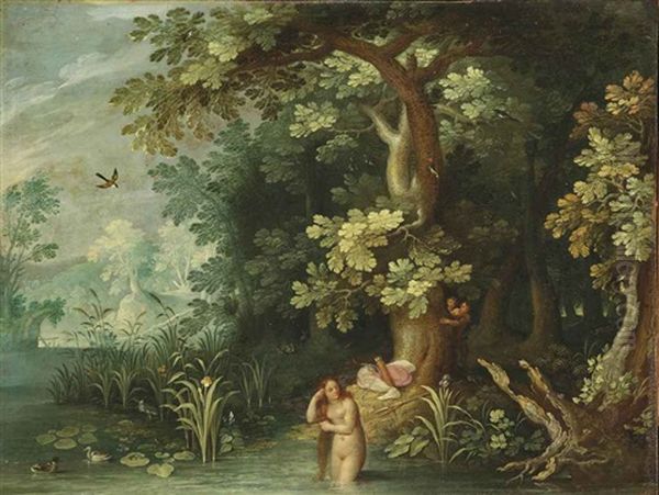 Diana Bathing In A Woodland Pool, Being Spied Upon By Two Satyrs From Behind A Tree Oil Painting by Abraham Govaerts