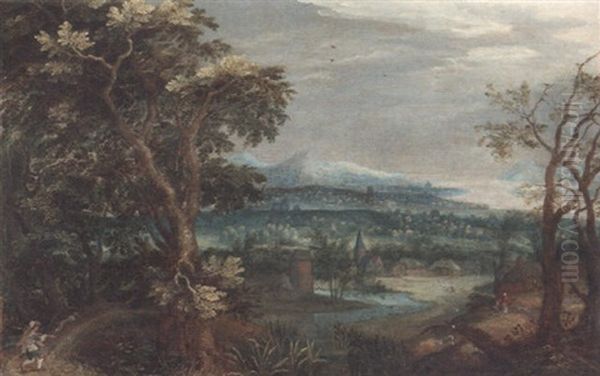 An Extensive River Landscape With A Peasant On A Track, A Village Beyond Oil Painting by Abraham Govaerts