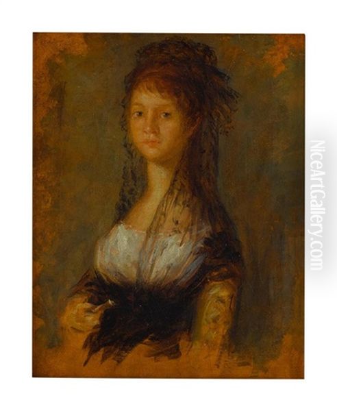 Portrait Of A Young Lady, Half Length, Wearing A White And Yellow Dress And A Mantilla Oil Painting by Francisco Goya Fuendetodos